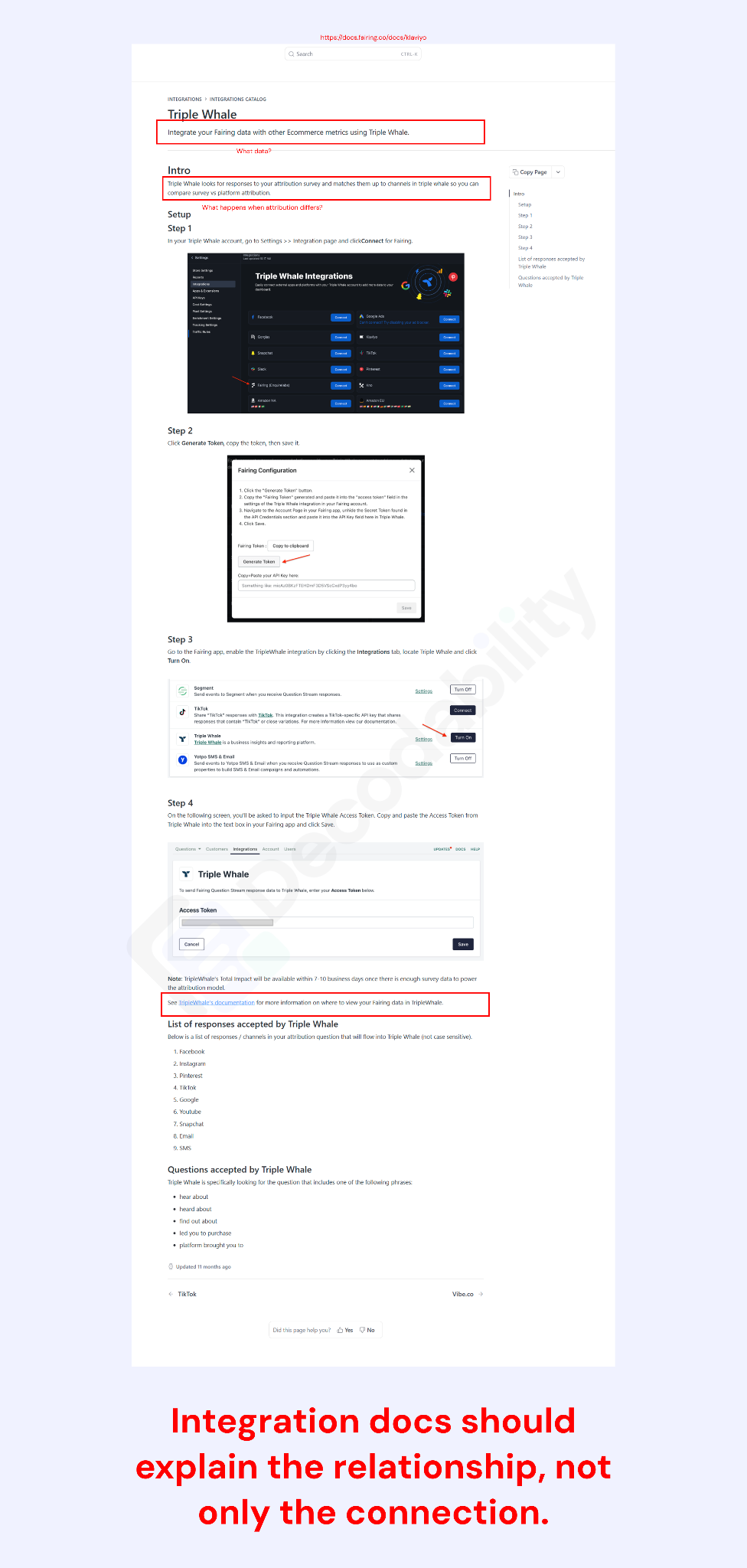 Annotated Fairing Triple Whale documentation highlighting the need to explain the attribution relationship beyond connection steps.