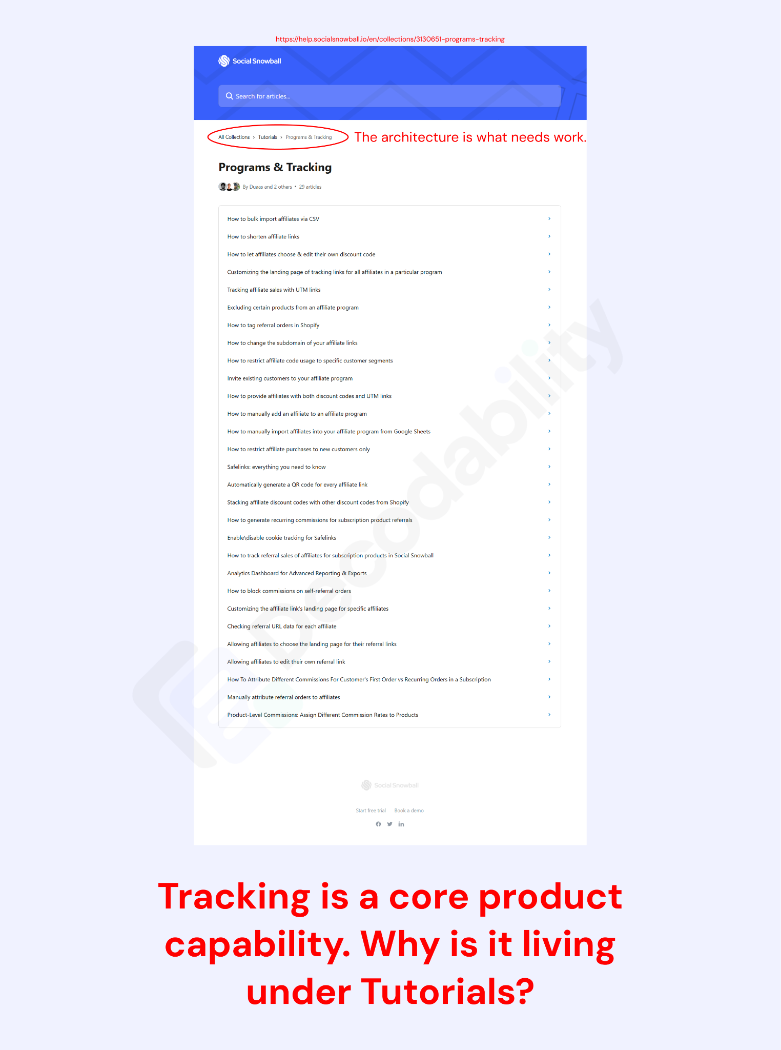 Annotated Social Snowball Programs & Tracking collection highlighting a core product capability nested under Tutorials.