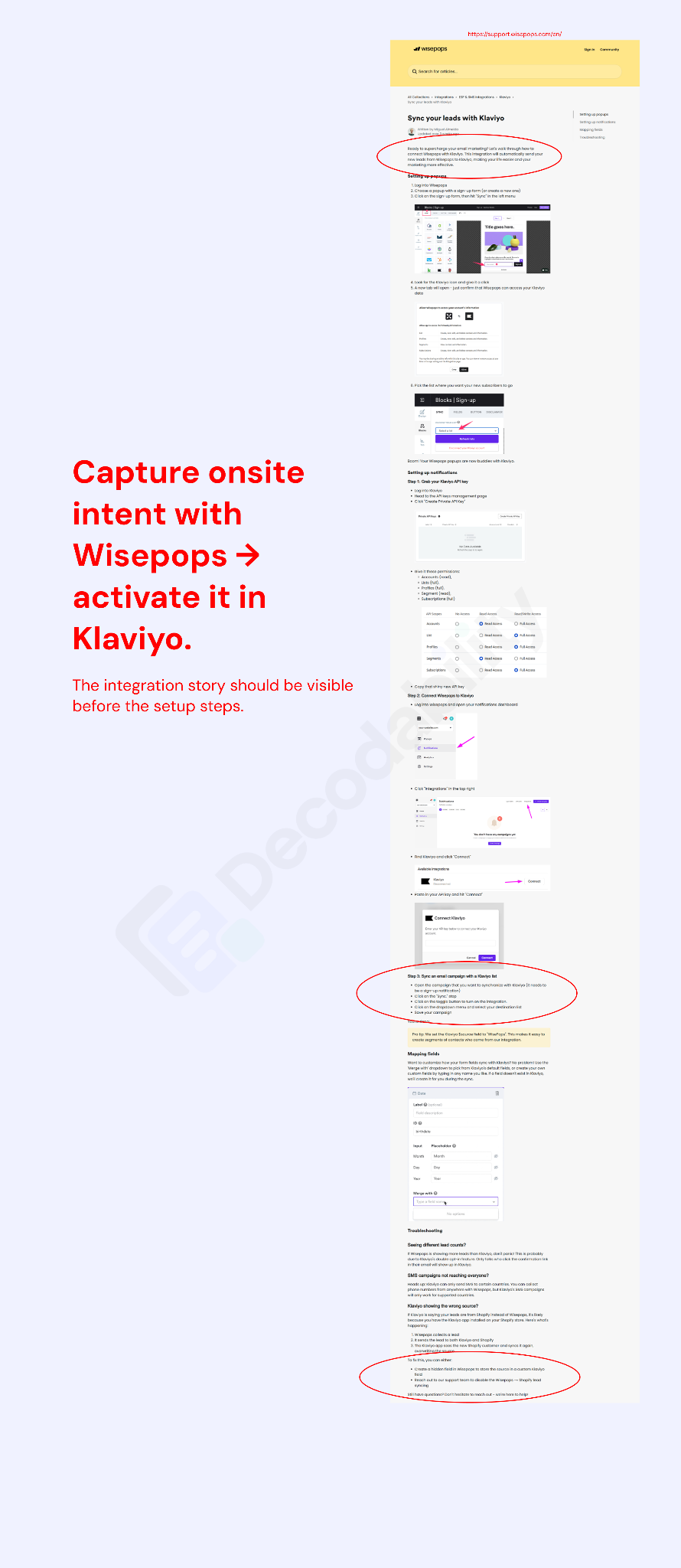 Annotated Wisepops Klaviyo documentation highlighting the lead capture and activation relationship before setup and a support-only ending.